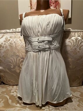 Sky white top with leather buckle straps & weaved belted waist